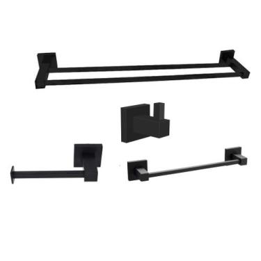 Imagem de Kit Porta Toalha Duplo Papeleira Ret Toalheiro Preto Cabide - Fine Met