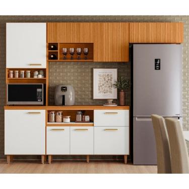 Imagem de Jogo de Cozinha Compacta 4 Peças Sicilia 10 portas 1 Gaveta e Nicho -  Freijó UV/Off Acetinado/Ripado Frisado Poliman