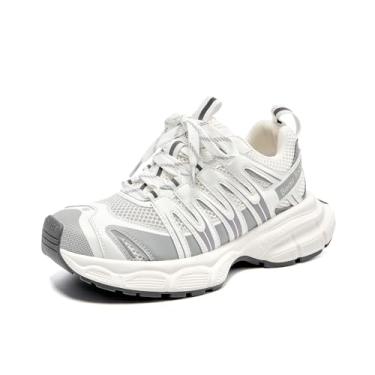 Imagem de BEAU TODAY Tênis feminino de caminhada, plataforma grossa, moderno, para mulheres, confortável, casual, leve, com cadarço, academia, treino, tênis esportivo, Branco-cinza, 34