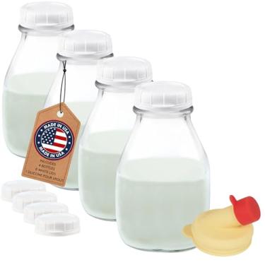 Imagem de kitchentoolz Garrafas de leite de vidro de 473 ml com tampas (pacote com 4) – Garrafas de vidro reutilizáveis para creme e suco – Inclui 8 tampas herméticas à prova de adulteração e um bico de