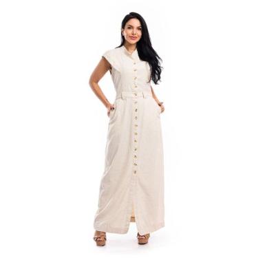 Imagem de Vestido Longo Linho Alfaiataria com mangas - Restrito Jeans, 42, Areia