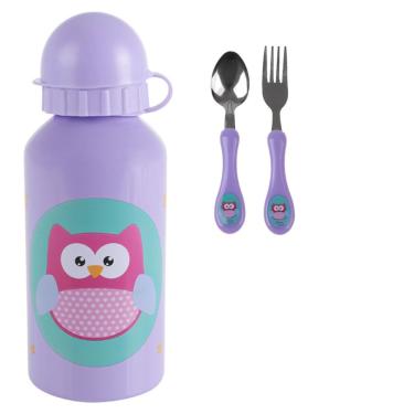 Imagem de Garrafa Squeeze Infantil inox Corujinha 400ML Com talher Infantil