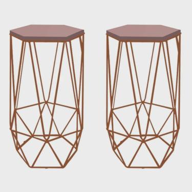 Imagem de Kit 02 Banqueta Alta Liz Hexágono Industrial Para Cozinha Ferro Bronze mdf Rosa - Ahazzo Móveis