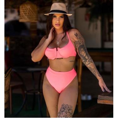 Imagem de Biquini Cintura Alta Hot Pants - Migri Store, Rosa neos, P/M veste 38 