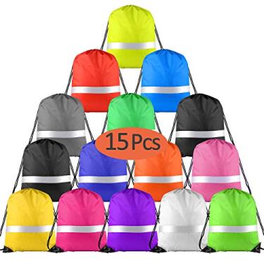 Imagem de Mochila KUUQA com cordão e tira refletiva, mochila com cordão, mochila, mochila, mochila, mochila em volume para yoga, esporte, academia, viagens, Multicolor 1, 15Pcs 15.7"*13.4"
