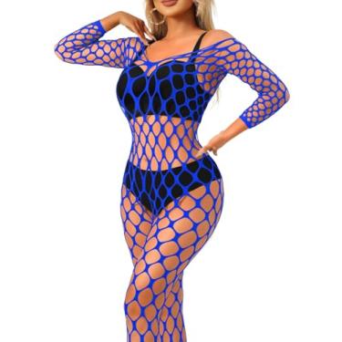 Imagem de ChiaoLezhee Body arrastão exótico, roupas Rave Glow, tamanho único, roupa de dança de malha transparente, macacão sexy plus wear dançarina, Azul royal, One Size