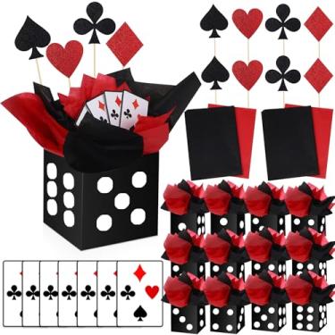 Imagem de WinnerWhy 12 conjuntos de decorações de festa de cassino de mesa de cabeceira de cassino, enfeites de mesa de pôquer de papel com caixa de dados preta, recortes e bastões de pôquer para decoração