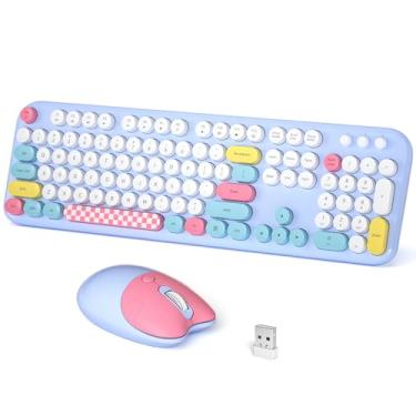 Imagem de Meidosa Combo de teclado e mouse sem fio, lindos teclados de tamanho completo e mouse, teclado de máquina de escrever retrô de 2,4 GHz, conjunto de mouse sem fio para PC/desktop/laptop/Windows (azul