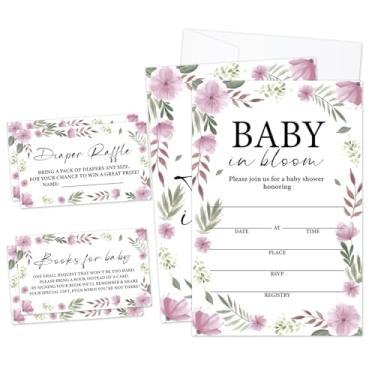 Imagem de Convites de chá de bebê flores roxas, convites de preenchimento de vegetação para anúncio de bebê revelação de gênero, lembrancinha de festa (25 convites com envelopes, 25 bilhetes de sorteio Dipaer e