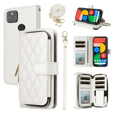 Imagem de Furiet Argyle Capa carteira para Google Pixel 5 com alça de pulso e alça de ombro, compartimento para cartão com zíper, capa de telefone quadriculada de couro PU de luxo para Pixel5 5G Pixle Five G5