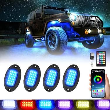 Imagem de 4 cápsulas de luzes LED de liga de rock para ATV UTV Carrinho de golfe Truck RZR SXS, kit de brilho RGB multicolorido atualizado à prova d'água para carros com modo de música de controle de