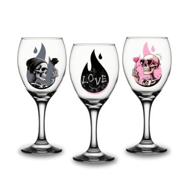 Imagem de Conjunto com 3 Taças de Vinho de 340ml Vidro Grosso e Resistente Caveira Linda Preta Detalhes Luxo Bebidas Vinho Tinto Rose Branco Love Amor Estampa Personalizada Delicada Coleção Caveiras