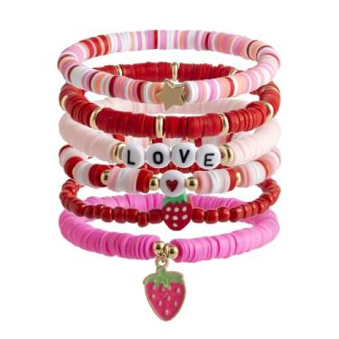 Imagem de Romlibr 6 peças de pulseira de amizade para amantes da música para mulheres, pingente de morango, pulseira elástica, estilo boêmio, acessórios de moda de verão, joias, Adjustable, Liga metálica, Sem