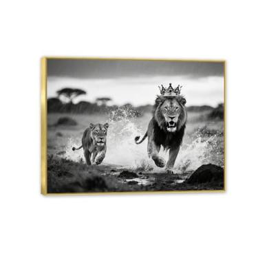 Imagem de Arte de parede em tela leão e leoa leões ferozes em uma tempestade impressão preto e branco animal casal decoração de parede para quarto escritório 80 x 60 cm (32 x 24 pol) moldura dourada