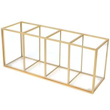 Imagem de Porta-lápis dourado para mesa, organizador de mesa de 4 compartimentos, suporte de papelaria de vidro transparente, caixa de armazenamento para material de escritório, material escolar e armazenamento