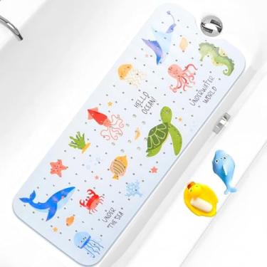Imagem de Tapete de banho infantil antiderrapante para banheira extra longo 102 x 40 cm, tapete de chuveiro antiderrapante com ventosas e orifícios de drenagem, lavável na máquina (sob o mar)