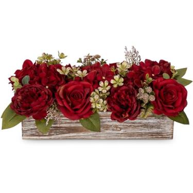 Imagem de Arranjo de flores com vaso de madeira flores artificiais de 35,5 cm em vaso - flores falsas rosas peônias hortênsias em vaso de madeira em vaso de flores artificiais centros de mesa para decoração de