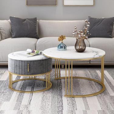 Imagem de Conjunto De 2 Mesas De Café Redondas, Mesa De Coquetel Moderna Com Tampo De Mármore Falso, 2 Peças Mesa Lateral De Acabamento Mdf Mesa De Acento Para Escritório Quarto, B, 50x40+70x45cm