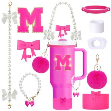 Imagem de Conjunto de acessórios de copo Stanley rosa de 9 peças para copo de 850 g 1,134 g com alça, inclui alça de pérola, topos de palha e bota de laço, pingentes de decoração, adesivo de letra, tampas à