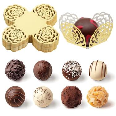 Imagem de 50 peças de embalagens douradas de trufas pequenas de papel rodado, forros de doces, mini quadrados vazados de flores, bandejas separadoras para casamentos, aniversários, chás de bebê, lembrancinhas