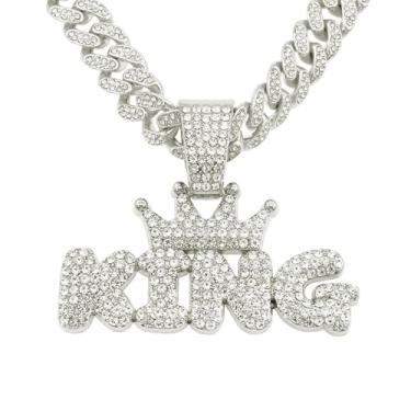 Imagem de JHJEWH Corrente de elos cubanos de 50 cm para homens, colar hip hop banhado a prata, colar com pingente Miami Diamond King, joia hip hop gelada, presente para homens e mulheres