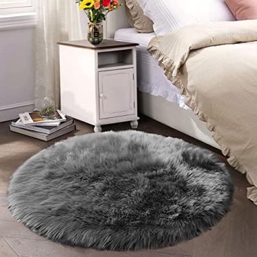 Imagem de Latepis Tapetes redondos cinza escuro 2 m pele de carneiro sintética tapete circular para sala de estar quarto tapete peludo fofo decoração de quarto