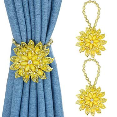 Imagem de Cortina magnética Mikomer 2 peças com amarração decorativa em forma de flor de cristal Cortina de janela com fivelas de amarrar nas costas com cordão elástico para casa e escritório, dourado + amarelo