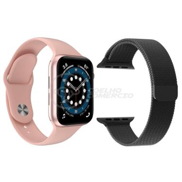 Imagem de Kit 1 Smartwatch W46 S Rosa + 1 Pulseira Extra Preto