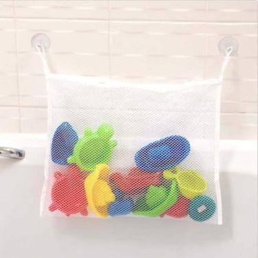 Imagem de Organizador de Brinquedos para Banheiro, Banho, com Ventosas, Infantil Design de Urso e Tubarão, Azul e Cinza, Rede de Malha para Armazenamento (Branco)