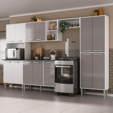 Imagem de Armário De Cozinha Modulada Completa Compacta 294cm Com Balcão De Pia Multimóveis Mp2280 Branco/lacca Fumê
