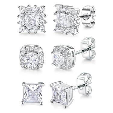 Imagem de Brincos de zircônia cúbica de diamante com corte quadrado banhado a ouro branco, brincos de auréola para homens e mulheres