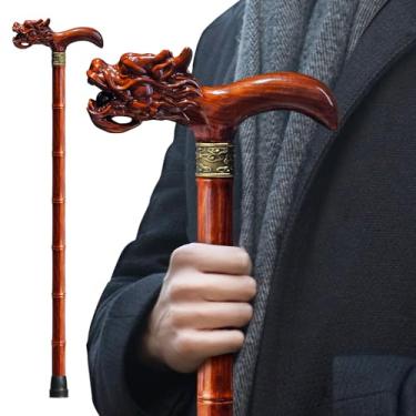 Imagem de ispuoocti Bengala de madeira, bengala de caminhada de madeira natural, bengala ergonômica para homens e mulheres, bengalas de dragão esculpidas à mão para idosos, suportes altos, leve e estável
