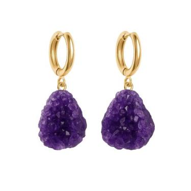 Imagem de Brinco de Argola Druza de Ametista - Cristal Natural, Banho Ouro 18k
