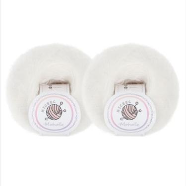 Imagem de NICEEC 2 novelos de fio de mohair macio, fofo e felpudo, luxuoso e fino, fio de mistura de lã para crochê e tricô, total de 2 ml × 2, 328 m × 2 - branco