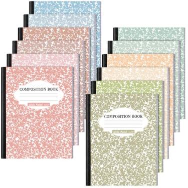 Imagem de Colarr Pacote com 12 cadernos de composição pautados largos, 24 x 19 cm, livros de composição de papel de mármore, cores sortidas, caderno escolar, escritório, capa dura, encadernação costurada