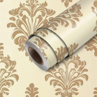 Imagem de HOMETITUTE Papel de parede Descasque e cole Damasco Dourado em Fundo Bege Papel de Parede Stick de Papel de Parede 45 cm x 300 cm Revestimento de Parede de Vinil Removível Autoadesivo Quarto Cozinha