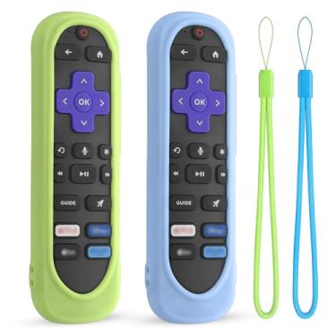 Imagem de Pacote com 2 capas de silicone para controle remoto TCL/Hisense/Roku Streaming TV Stick – à prova de choque, lavável, capa antiderrapante com cordão (verde luminoso + azul brilhante)