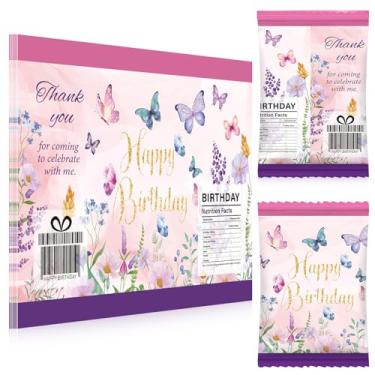 Imagem de Fullhawl 30 peças de sacos de chips de aniversário de borboleta, capas de bolsa de lascas rosa roxa personalizada para meninas, meninos, lembrancinhas de festa, embrulho de presente para artesanato