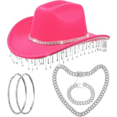 Imagem de Hercicy Roupa de vaqueira feminina com strass, chapéu de cowboy com strass e corrente de elos cubanos, colar e pulseira e brinco circular, One Size, Chapéu de cowboy: material de feltro