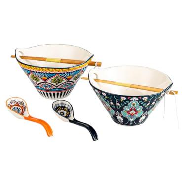 Imagem de HENXFEN LEAD Conjunto de tigelas de macarrão japonês Ramen de 59 a 850 g de porcelana grandes com pauzinhos, colheres de sopa, pratos de cozinha para Pho, Udon - estilo boêmio