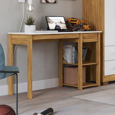 Imagem de Escrivaninha para Escritório Mesa de Estudos 1 Gaveta 100% Mdf Hugo Espresso Móveis Branco Brilho/Amêndoa