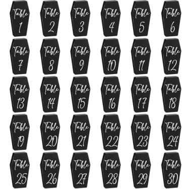 Imagem de Weysat 30 peças de números de mesa de casamento de Halloween em forma de caixão números de mesa de madeira 1-30, 10 cm de altura para decorações de recepção de casamento, Halloween, gótico