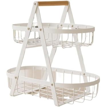 Imagem de Fruteira de Mesa 2 Andares Ferro e Bambu para Café da Manhã Multiuso de Metal Preto Cesto Organizdor(FRUTEIRA OVAL BRANCA 32X18CM)