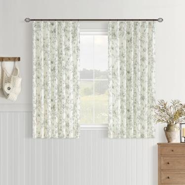 Imagem de Cortinas de janela plissadas vintage de linho floral 137 cm de comprimento com aba traseira com filtro de luz, cortina de sala de estar com estampa de casa de campo verde oliva verde oliva padrão