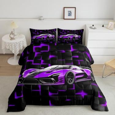 Imagem de Conjunto de edredom de carro esportivo legal, tamanho casal, abstrato, favo de mel, 3 peças, para decoração de quarto de crianças, adolescentes e mulheres, conjunto de edredom com bloco roxo, 2