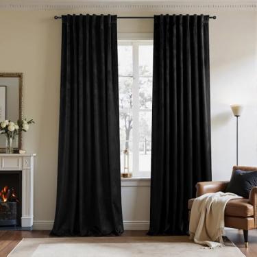 Imagem de Cortinas de veludo preto para sala de estar, 203 cm de comprimento, 2 painéis, bolsos traseiros, espessos, luxuosos, para sala de estar, bloqueio de luz, isolamento térmico, preto, drapeado longo para