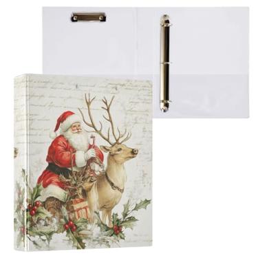 Imagem de Fichário vintage de Papai Noel e Rena de Natal com 3 anéis decorativos de 3,8 cm com prancheta e 3 bolsos transparentes, comporta 200 folhas de papel tamanho A4 à prova d'água para escola, escritório