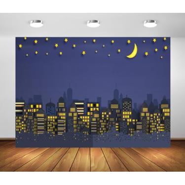 Imagem de Loccor 2,1 x 1,5 m tecido desenho animado paisagem urbana noite edifícios urbanos silhueta céu estrelado horizonte cidade fotografia fundo infantil festa de aniversário chá de bebê retrato foto