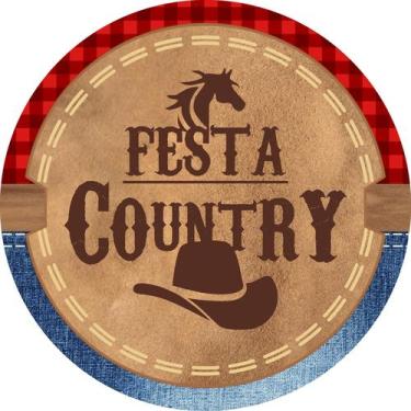 Imagem de Painel de Lona Redondo Festa Country Chapeu de Cowboy fundo Xadrez - F