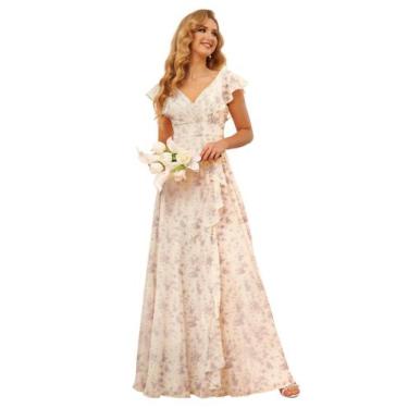 Imagem de Vestido de dama de honra TIRAS Ruffles Chiffon com decote em V champan